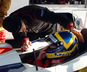 Vince Mitchell, testing at a snowy Silverstone in the autumn of 2003.