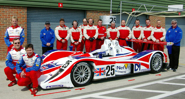 Vince (in his habitual spot by the rear wing) and the entire squad, testing at Snetterton prior to Le Mans 2005 - the team's first class win.